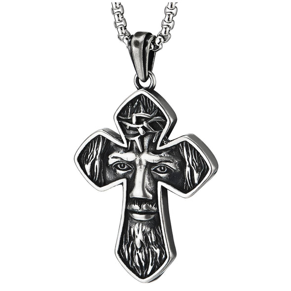 COOLSTEELANDBEYOND Men Jesus Christ Textured Cross Pendant Necklace, Vintage Stainless Steel, 30 inches Wheat Chain - COOLSTEELANDBEYOND Jewelry