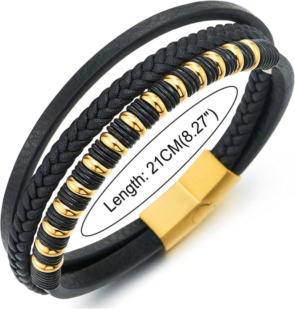 COOLSTEELANDBEYOND Mens Womens Black Leather Bracelet, Steel Gold Color Beads Rubber Ring Charm, Three-Strand Braided - COOLSTEELANDBEYOND Jewelry