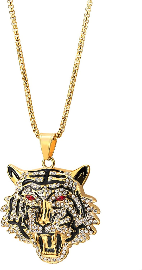 Steel Mens Women Gold Color Red Eye Tiger Head Pendant Necklace with Cubic Zirconia and Black Enamel - COOLSTEELANDBEYOND Jewelry