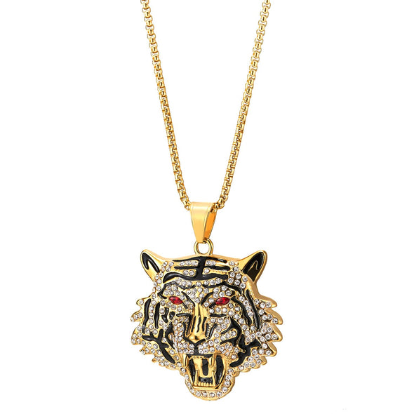 Steel Mens Women Gold Color Red Eye Tiger Head Pendant Necklace with Cubic Zirconia and Black Enamel - COOLSTEELANDBEYOND Jewelry