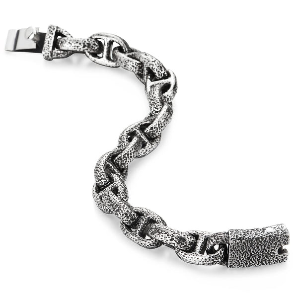 Mens Vintage Old Metal Dotted Textured Anchor Marine Link Chain Bracelet Stainless Steel Retro Style - COOLSTEELANDBEYOND Jewelry