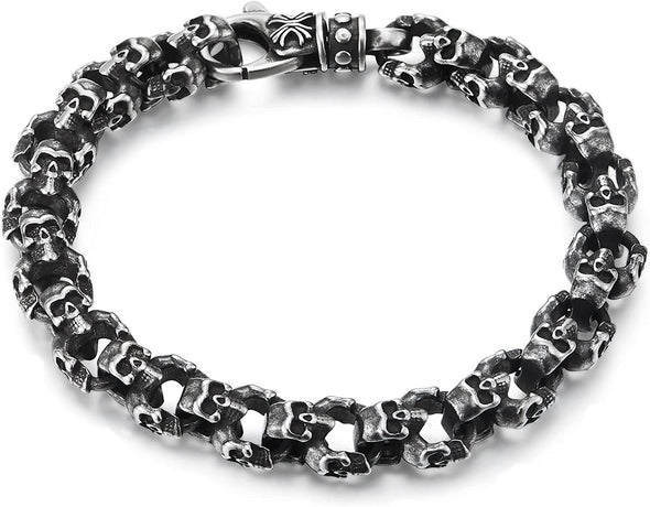 COOLSTEELANDBEYOND Gothic Biker Oxidized Old-metal Finishing Vintage 3D Link of Skulls Steel Bracelet for Men Women - COOLSTEELANDBEYOND Jewelry