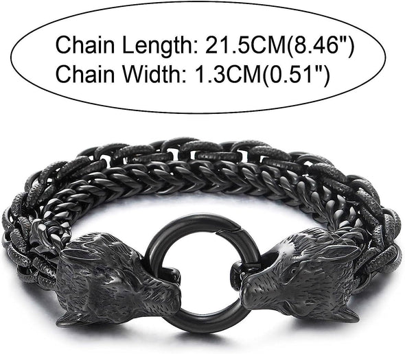 COOLSTEELANDBEYOND Biker Viking Black Wolf Heads Bracelet Mens Steel Double Curb Chain Braided Rope Chain Bracelet - COOLSTEELANDBEYOND Jewelry