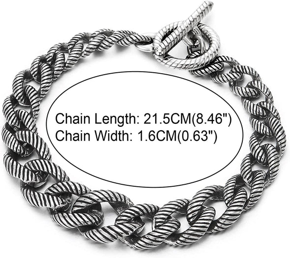 COOLSTEELANDBEYOND Mens Women Cuban Curb Chain Bracelet, Steel Stripes Rope Link Chain with Toggle Clasp, Old Metal Finishing - COOLSTEELANDBEYOND Jewelry