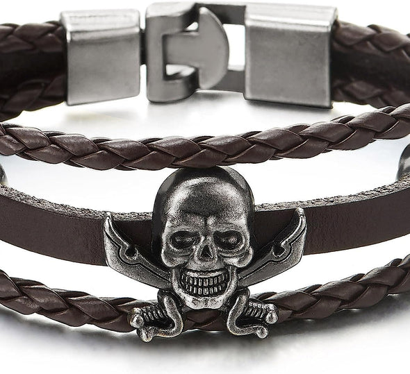 COOLSTEELANDBEYOND Brown Braided Leather Bracelet Sword Pirate Skull Mens Women Multi-Strand Leather Wristband - COOLSTEELANDBEYOND Jewelry