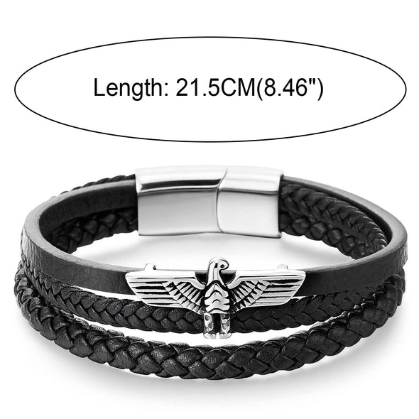 Stainless Steel Ancient Eagle Bangle Bracelet Three-strand Black Braided Leather Wristband for Men - COOLSTEELANDBEYOND Jewelry