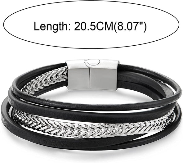 COOLSTEELANDBEYOND Mens Women Stainless Steel Flat Wheat Chain, Multi-strand Black Leather Bracelet with Magnetic Clasp - COOLSTEELANDBEYOND Jewelry