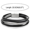 COOLSTEELANDBEYOND Mens Women Stainless Steel Flat Wheat Chain, Multi-strand Black Leather Bracelet with Magnetic Clasp - COOLSTEELANDBEYOND Jewelry