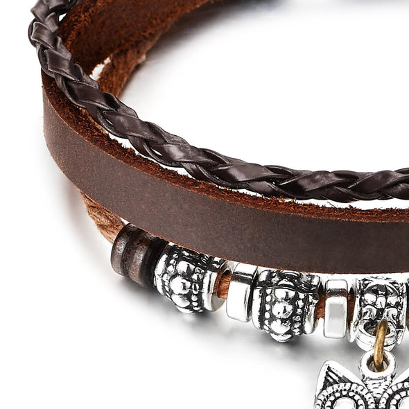 COOLSTEELANDBEYOND Brown Multi-Strand Leather Bracelet, Owl and Beads Charms, Braided Cotton Strap, for Mens Womens - COOLSTEELANDBEYOND Jewelry