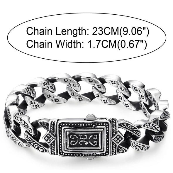 COOLSTEELANDBEYOND Mens Retro Style Steel Vintage Curb Chain Bracelet Engraving with Tribal Tattoo Pattern, Spring Clasp - COOLSTEELANDBEYOND Jewelry