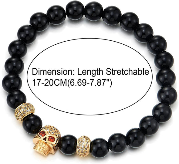 COOLSTEELANDBEYOND Mens Women Black Onyx Beads Bracelet, Cubic Zirconia Pave Gold Color Red Eye Skull and Bead Charm - COOLSTEELANDBEYOND Jewelry