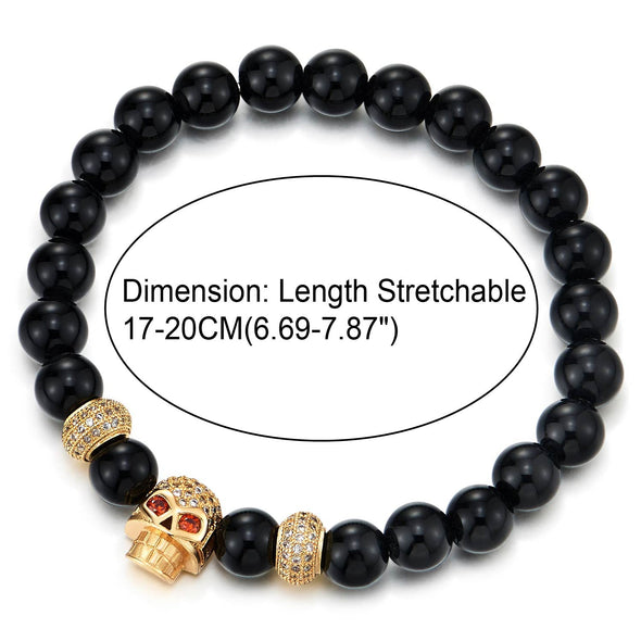 COOLSTEELANDBEYOND Mens Women Black Onyx Beads Bracelet, Cubic Zirconia Pave Gold Color Red Eye Skull and Bead Charm - COOLSTEELANDBEYOND Jewelry