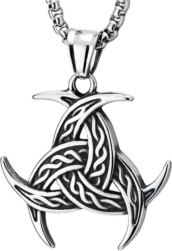 COOLSTEELANDBEYOND Norse Viking Necklace, Triple Odin's Horn Triskele Pendant Men Women, Stainless Steel, Amulet Pewter - COOLSTEELANDBEYOND Jewelry