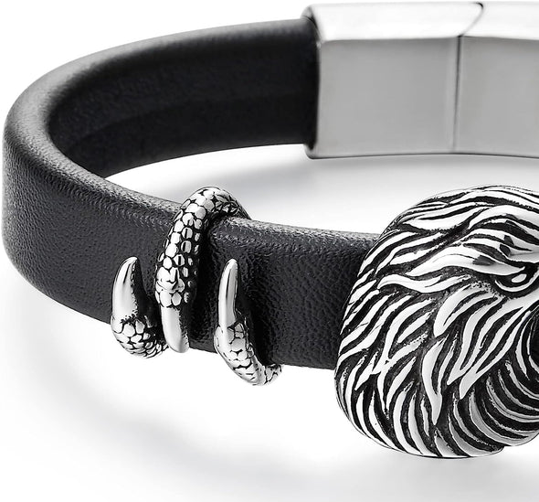 COOLSTEELANDBEYOND Stainless Steel Eagle Bracelet for Men, Eagle Head and Claws Bangle, Black Leather Wristband - COOLSTEELANDBEYOND Jewelry