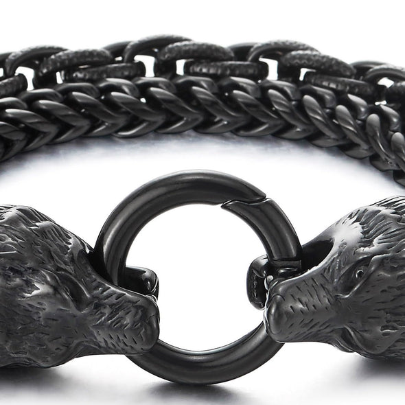 COOLSTEELANDBEYOND Biker Viking Black Wolf Heads Bracelet Mens Steel Double Curb Chain Braided Rope Chain Bracelet - COOLSTEELANDBEYOND Jewelry