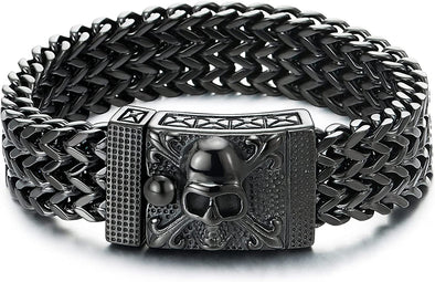 COOLSTEELANDBEYOND Mens Black Stainless Steel Curb Chain Bracelet with Pirate Skulls Clasp, Large Bracelet Franco Link - COOLSTEELANDBEYOND Jewelry