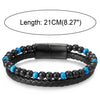 Two-row Black Blue Gem Stone Beads Chain Black Braided Leather Bracelet, Steel Magnetic Clasp - COOLSTEELANDBEYOND Jewelry