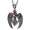 COOLSTEELANDBEYOND Mens Women Steel Vintage Angle Wing Cross Pendant Necklace with Red Cubic Zirconia, 30 in Chain - COOLSTEELANDBEYOND Jewelry