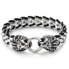 Mens Lion Head Spring Ring Clasp Bracelet, Rolo Chain Interwoven with Black Braided Leather - COOLSTEELANDBEYOND Jewelry