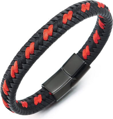 COOLSTEELANDBEYOND Men Women Black Braided Leather Bracelet Interwoven with Orange Cotton Cord Steel Magnetic Clasp - COOLSTEELANDBEYOND Jewelry