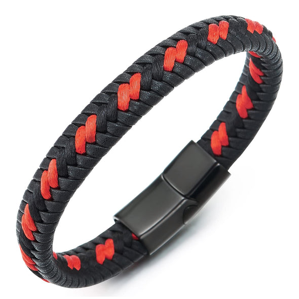 COOLSTEELANDBEYOND Men Women Black Braided Leather Bracelet Interwoven with Orange Cotton Cord Steel Magnetic Clasp - COOLSTEELANDBEYOND Jewelry