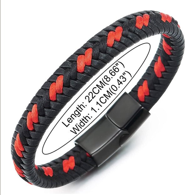 COOLSTEELANDBEYOND Men Women Black Braided Leather Bracelet Interwoven with Orange Cotton Cord Steel Magnetic Clasp - COOLSTEELANDBEYOND Jewelry