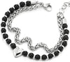 Women Stainless Steel Foxtail Wheat Chain, Black Beads Chain Bracelet with Heart Charm, Adjustable - COOLSTEELANDBEYOND Jewelry