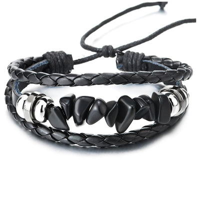 COOLSTEELANDBEYOND Charm Black Leather Bracelet with Bead Strings Multi-Strand Mens Womens Wrap Bracelet Wristband - COOLSTEELANDBEYOND Jewelry
