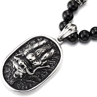 COOLSTEELANDBEYOND Mens Embossed Dragon Head Pendant Necklace, Black Onyx Beads Chain Stainless Steel Blackened Dog Tag - COOLSTEELANDBEYOND Jewelry