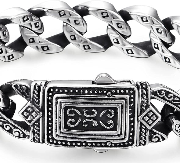 COOLSTEELANDBEYOND Mens Retro Style Steel Vintage Curb Chain Bracelet Engraving with Tribal Tattoo Pattern, Spring Clasp - COOLSTEELANDBEYOND Jewelry