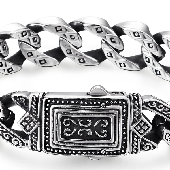 COOLSTEELANDBEYOND Mens Retro Style Steel Vintage Curb Chain Bracelet Engraving with Tribal Tattoo Pattern, Spring Clasp - COOLSTEELANDBEYOND Jewelry