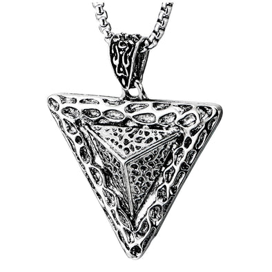 COOLSTEELANDBEYOND Vintage Pyramid Necklace for Men and Women, Triangle Pendant, Geometric Raised Concave Dotted Texture - COOLSTEELANDBEYOND Jewelry