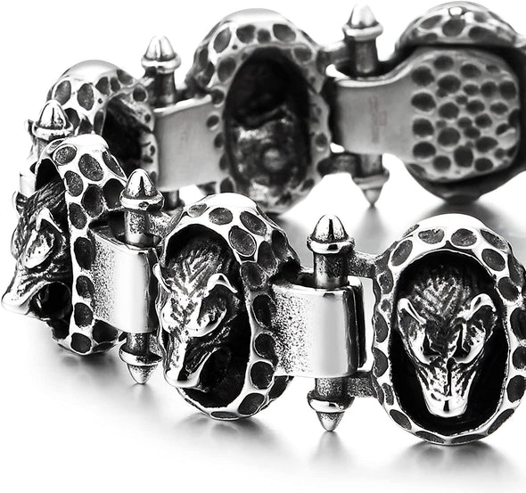 COOLSTEELANDBEYOND Mens Steel Wolf Head Bracelet, Vintage Blackened Dotted Oval Charms Link Chain Bangle, Heavy-Duty, Punk - COOLSTEELANDBEYOND Jewelry