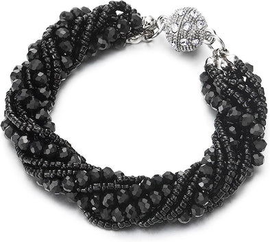 COOLSTEELANDBEYOND Black Crystal Beads Multi-Strand Bracelet with Rhinestone Ball Charm Magnetic Clasp - COOLSTEELANDBEYOND Jewelry