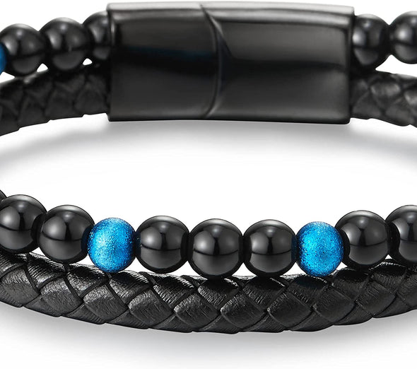 Two-row Black Blue Gem Stone Beads Chain Black Braided Leather Bracelet, Steel Magnetic Clasp - COOLSTEELANDBEYOND Jewelry