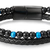 Two-row Black Blue Gem Stone Beads Chain Black Braided Leather Bracelet, Steel Magnetic Clasp - COOLSTEELANDBEYOND Jewelry