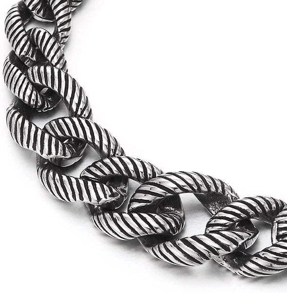 COOLSTEELANDBEYOND Mens Women Cuban Curb Chain Bracelet, Steel Stripes Rope Link Chain with Toggle Clasp, Old Metal Finishing - COOLSTEELANDBEYOND Jewelry