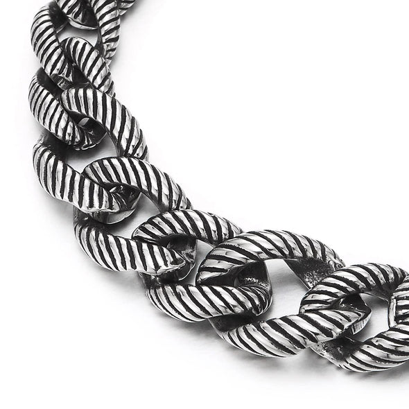 COOLSTEELANDBEYOND Mens Women Cuban Curb Chain Bracelet, Steel Stripes Rope Link Chain with Toggle Clasp, Old Metal Finishing - COOLSTEELANDBEYOND Jewelry