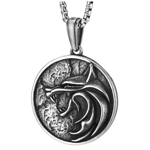 COOLSTEELANDBEYOND Men Steel Embossed Wolf Head Pendant Necklace, Norse Viking Circle Medal, Biker Jewelry - COOLSTEELANDBEYOND Jewelry