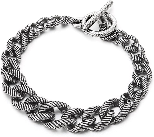 COOLSTEELANDBEYOND Mens Women Cuban Curb Chain Bracelet, Steel Stripes Rope Link Chain with Toggle Clasp, Old Metal Finishing - COOLSTEELANDBEYOND Jewelry