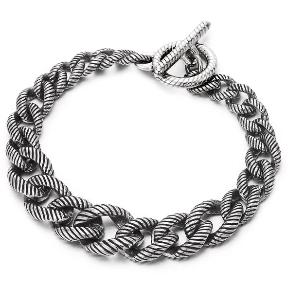 COOLSTEELANDBEYOND Mens Women Cuban Curb Chain Bracelet, Steel Stripes Rope Link Chain with Toggle Clasp, Old Metal Finishing - COOLSTEELANDBEYOND Jewelry