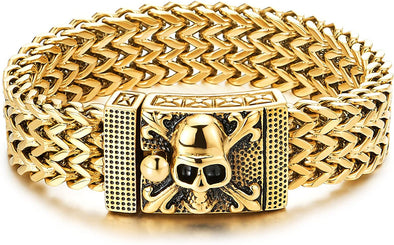 COOLSTEELANDBEYOND Mens Stainless Steel Curb Chain Bracelet with Pirate Skulls Clasp, Gold Color, Large Bracelet Franco Link - COOLSTEELANDBEYOND Jewelry