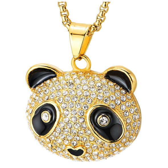 COOLSTEELANDBEYOND Mens Womens Iced Out Cute Panda Pendant Necklace Pave Cubic Zirconia, Gold Color Steel, Bling Bling Rapper Jewelry - COOLSTEELANDBEYOND Jewelry