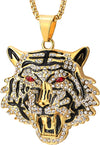 Steel Mens Women Gold Color Red Eye Tiger Head Pendant Necklace with Cubic Zirconia and Black Enamel - COOLSTEELANDBEYOND Jewelry