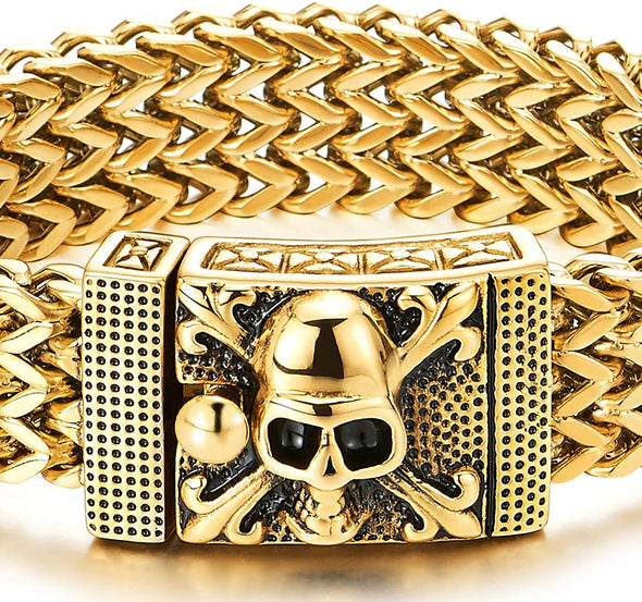 COOLSTEELANDBEYOND Mens Stainless Steel Curb Chain Bracelet with Pirate Skulls Clasp, Gold Color, Large Bracelet Franco Link - COOLSTEELANDBEYOND Jewelry