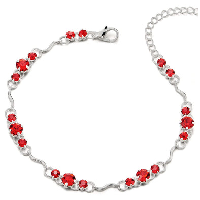 Adjustable Link Chain Anklet Bracelet with Charms of Red Solitaire Cubic Zirconia Sparkling - COOLSTEELANDBEYOND Jewelry