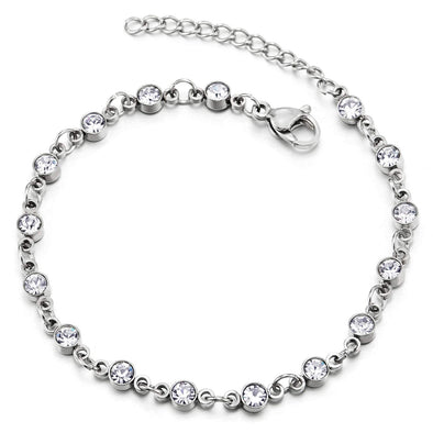 Adjustable Steel Link Chain Anklet Bracelet with Circle Charms of Solitaire Cubic Zirconia Sparkling - COOLSTEELANDBEYOND Jewelry