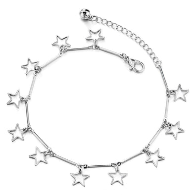 Anklet Bracelet with Dangling Charm of Open Pentagram Stars and Jingle Bell, Adjustable - COOLSTEELANDBEYOND Jewelry