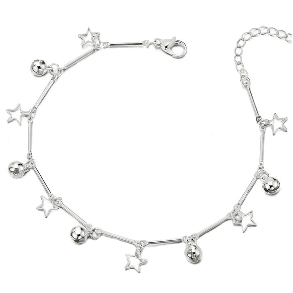 Anklet Bracelet with Dangling Charm of Pentagram Stars and Jingle Bell, Adjustable - COOLSTEELANDBEYOND Jewelry