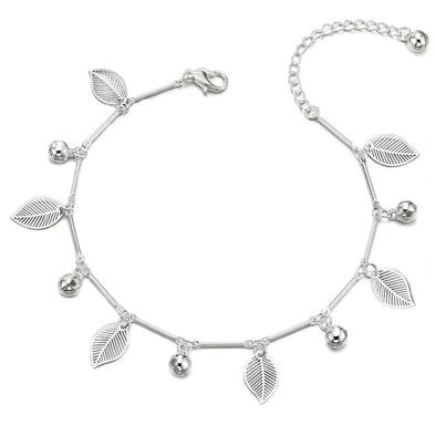 Anklet Bracelet with Dangling Charms of Leaves and Jingle Bell - COOLSTEELANDBEYOND Jewelry
